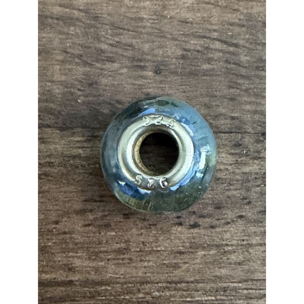 925 Sterling Silver Retro Slide Charm Murano Glass Bubble Bead Blue White Flower - Picture 4 of 4